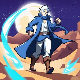 Create an image featuring Thea from Brawlhalla and a guy with white hair, blue eyes, and wearing a long blue coat, in a desert under the moonlight