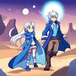 Create an image featuring Thea from Brawlhalla and a guy with white hair, blue eyes, and wearing a long blue coat, in a desert under the moonlight