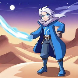 Create an image featuring Thea from Brawlhalla and a guy with white hair, blue eyes, and wearing a long blue coat, in a desert under the moonlight