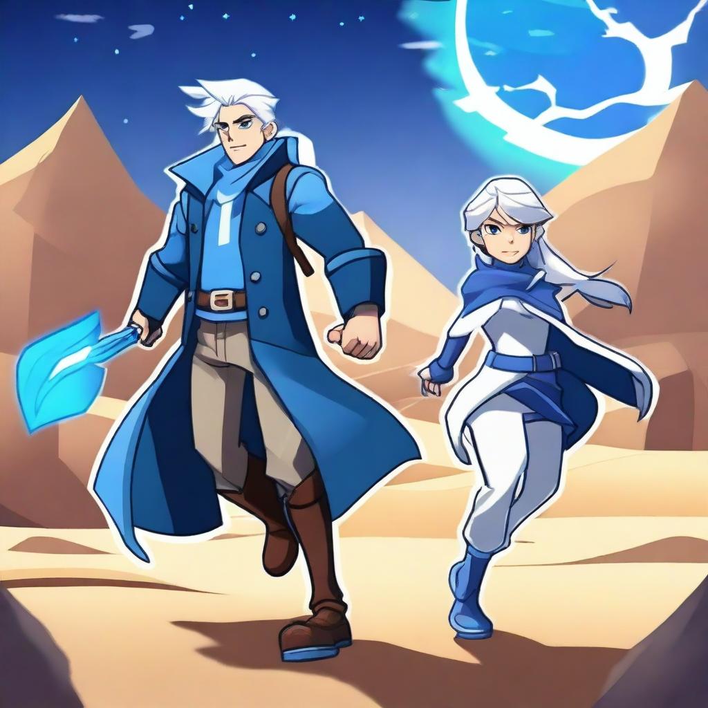 Create an image featuring Thea from Brawlhalla and a guy with white hair, blue eyes, and wearing a long blue coat, in a desert under the moonlight