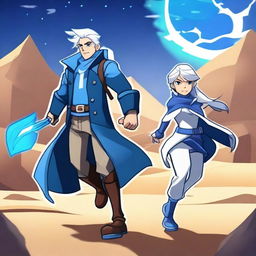 Create an image featuring Thea from Brawlhalla and a guy with white hair, blue eyes, and wearing a long blue coat, in a desert under the moonlight