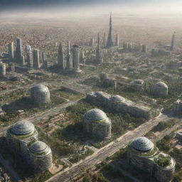 High-definition image of Syria's futuristic skyline, vegetation, and architecture in the year 2107.