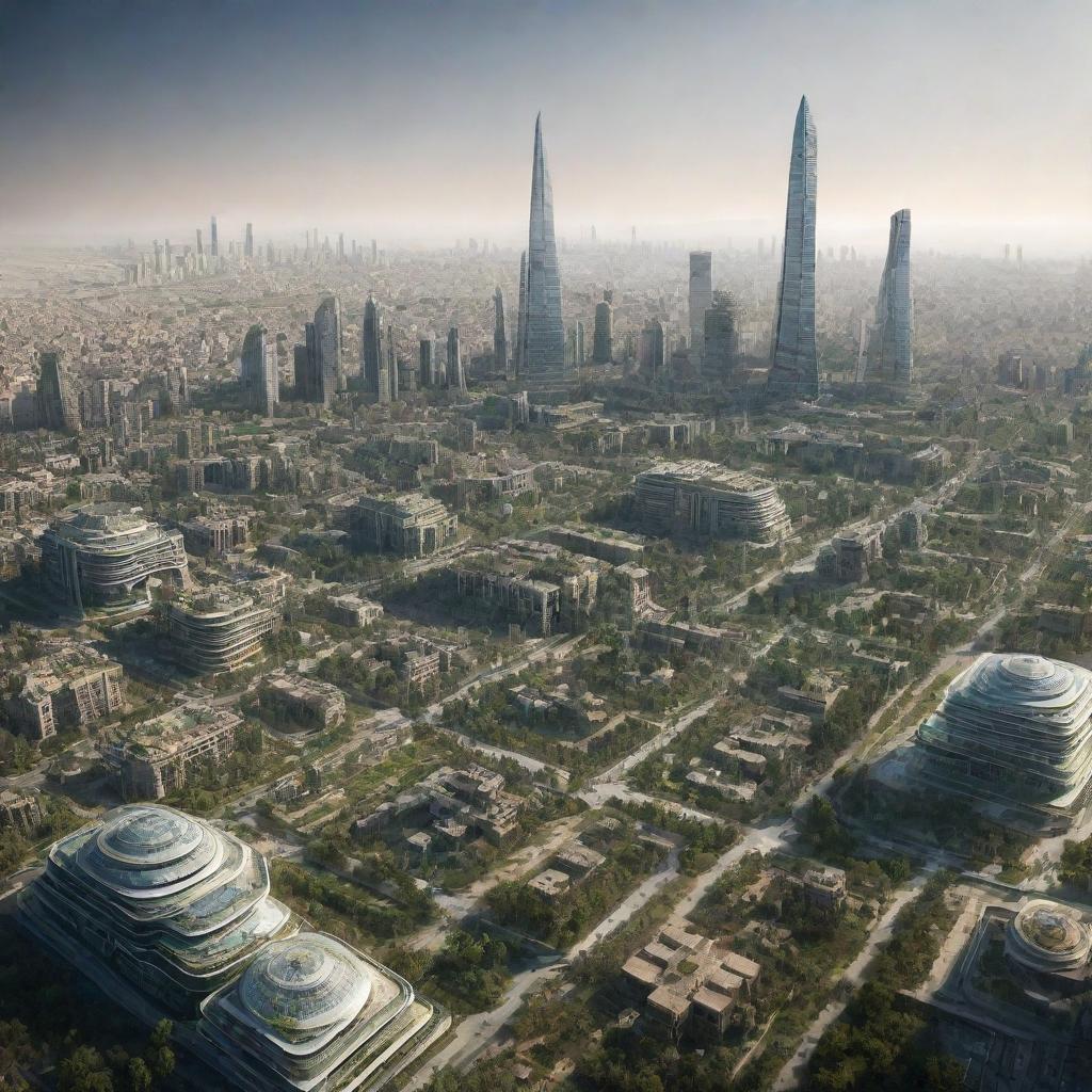 High-definition image of Syria's futuristic skyline, vegetation, and architecture in the year 2107.