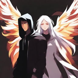 Create an image featuring a manga-style guy wearing a black hoodie with a dark phoenix on his shoulder, surrounded by shadows