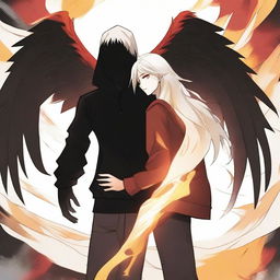 Create an image featuring a manga-style guy wearing a black hoodie with a dark phoenix on his shoulder, surrounded by shadows