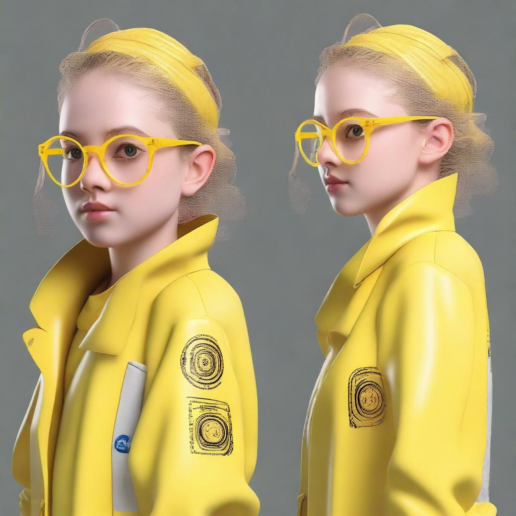 Create an image of Thea in a realistic form, wearing yellow safety glasses with a small white spiral drawn on them