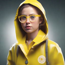 Create an image of Thea in a realistic form, wearing yellow safety glasses with a small white spiral drawn on them