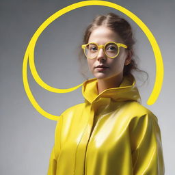 Create an image of Thea in a realistic form, wearing yellow safety glasses with a small white spiral drawn on them