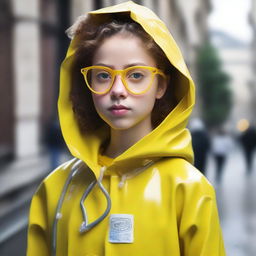 Create an image of Thea in a realistic form, wearing yellow safety glasses with a small white spiral drawn on them