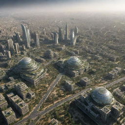 High-definition image of Syria's futuristic skyline, vegetation, and architecture in the year 2107.