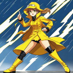 A light brown manga girl wearing legendary yellow and black boots that have the power of speed and yellow lightning