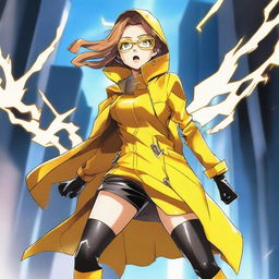 A light brown manga girl wearing legendary yellow and black boots that have the power of speed and yellow lightning