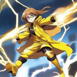 A light brown manga girl wearing legendary yellow and black boots that have the power of speed and yellow lightning