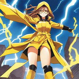 A light brown manga girl wearing legendary yellow and black boots that have the power of speed and yellow lightning