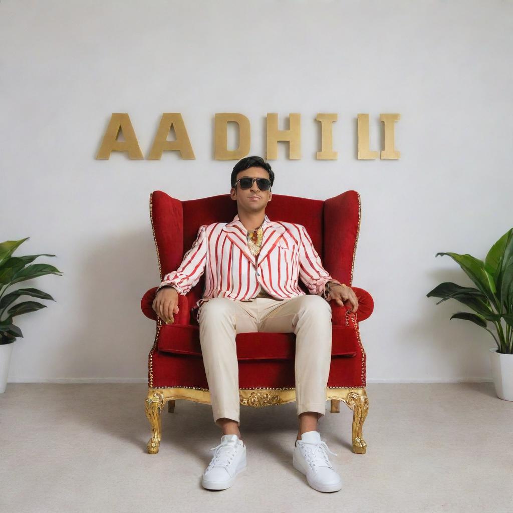 A relaxed boy in a red and white striped shirt, suit, sneakers, and sunglasses sitting on a Wingback Chair, looking forward. Behind him on a white wall are large 3D golden letters spelling 'AADHIL', accompanied by an Instagram wall with a profile photo.