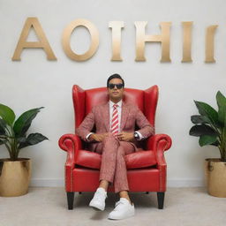 A relaxed boy in a red and white striped shirt, suit, sneakers, and sunglasses sitting on a Wingback Chair, looking forward. Behind him on a white wall are large 3D golden letters spelling 'AADHIL', accompanied by an Instagram wall with a profile photo.