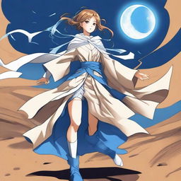 A light brown manga woman with white and blue legendary boots that have white wings on each, giving her the power of godspeed and blue lightning