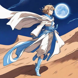 A light brown manga woman with white and blue legendary boots that have white wings on each, giving her the power of godspeed and blue lightning