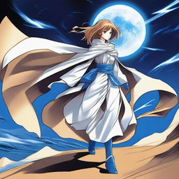 A light brown manga woman with white and blue legendary boots that have white wings on each, giving her the power of godspeed and blue lightning