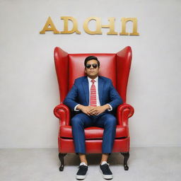 A relaxed boy in a red and white striped shirt, suit, sneakers, and sunglasses sitting on a Wingback Chair, looking forward. Behind him on a white wall are large 3D golden letters spelling 'AADHIL', accompanied by an Instagram wall with a profile photo.