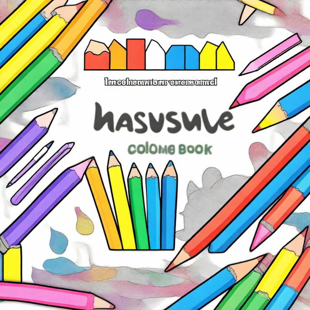 A children's coloring book cover featuring a partially colored drawing with crayons