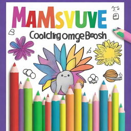 A children's coloring book cover featuring a partially colored drawing with crayons