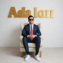 A relaxed boy in a red and white striped shirt, suit, sneakers, and sunglasses sitting on a Wingback Chair, looking forward. Behind him on a white wall are large 3D golden letters spelling 'AADHIL', accompanied by an Instagram wall with a profile photo.