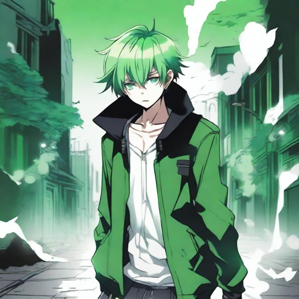 A white manga guy with a black jacket and green hair walking with his head looking down while a green gas surrounds him