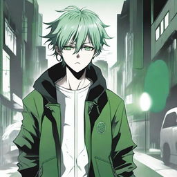 A white manga guy with a black jacket and green hair walking with his head looking down while a green gas surrounds him