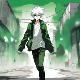 A white manga guy with a black jacket and green hair walking with his head looking down while a green gas surrounds him