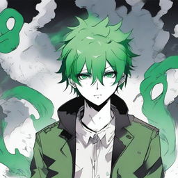 A white manga guy with a black jacket and green hair walking with his head looking down while a green gas surrounds him