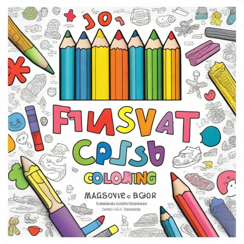 A children's coloring book cover featuring a partially colored drawing with crayons