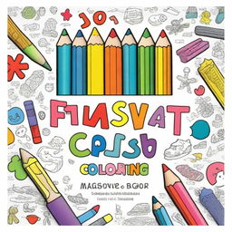 A children's coloring book cover featuring a partially colored drawing with crayons