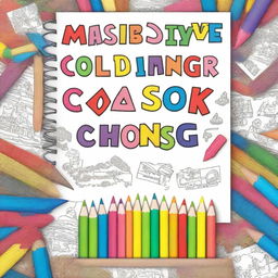 A children's coloring book cover featuring a partially colored drawing with crayons