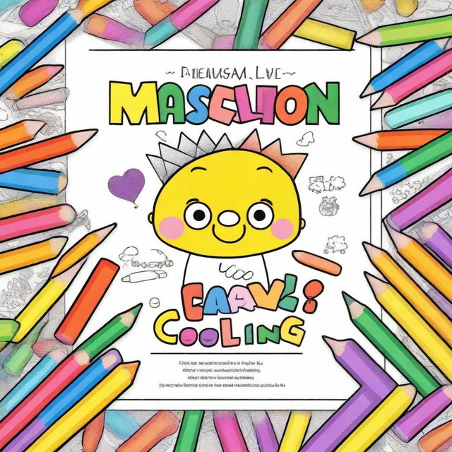 A children's coloring book cover featuring a partially colored drawing with crayons