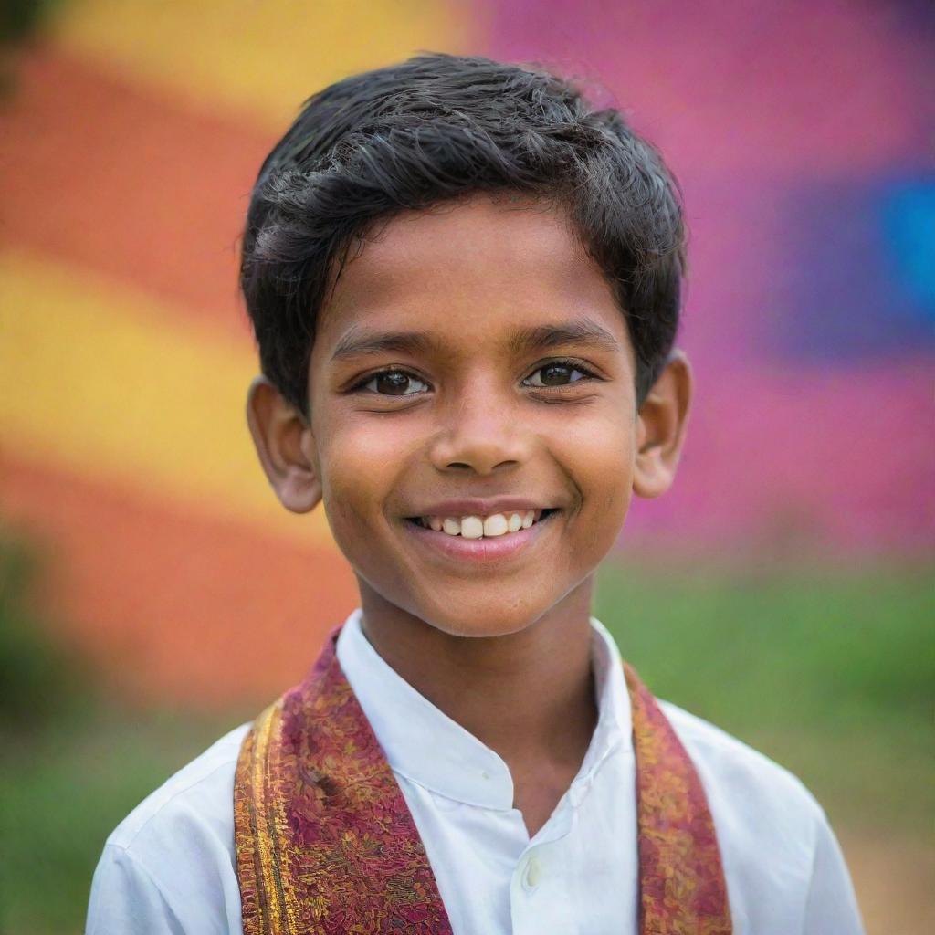 A young Sri Lankan boy donned in traditional dress, dark hair, friendly smile, and sparkling eyes, set against the colorful backdrop of rural Sri Lanka.