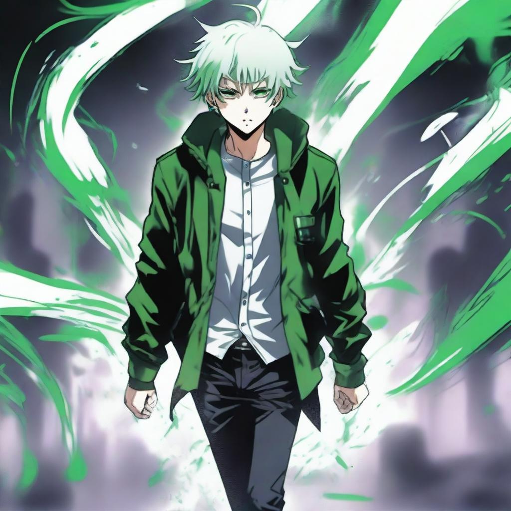 A white manga guy with a black jacket and green hair walking with his head looking down while a green gas surrounds him