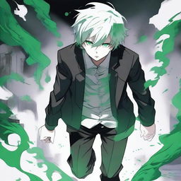 A white manga guy with a black jacket and green hair walking with his head looking down while a green gas surrounds him