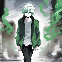 A white manga guy with a black jacket and green hair walking with his head looking down while a green gas surrounds him