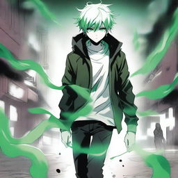 A white manga guy with a black jacket and green hair walking with his head looking down while a green gas surrounds him