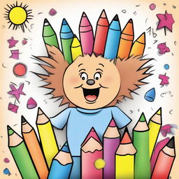 A children's coloring book cover featuring a partially colored drawing with crayons