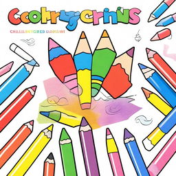 A children's coloring book cover featuring a partially colored drawing with crayons