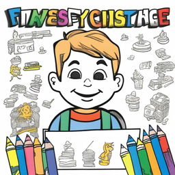 A children's coloring book cover featuring a partially colored drawing with crayons