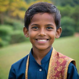 A young Sri Lankan boy donned in traditional dress, dark hair, friendly smile, and sparkling eyes, set against the colorful backdrop of rural Sri Lanka.