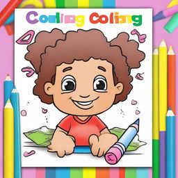 A children's coloring book cover featuring a partially colored drawing with crayons