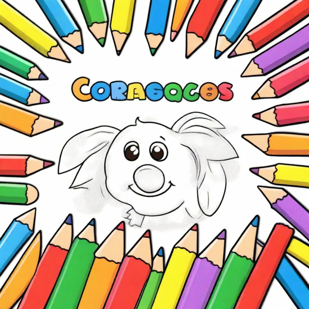 A children's coloring book cover featuring a partially colored drawing with crayons