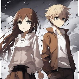 A brown light-skinned manga girl holding hands with a white-skinned manga boy on a stormy day