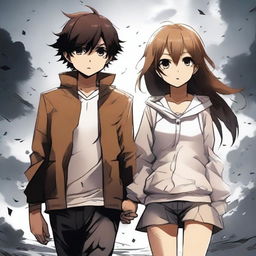 A brown light-skinned manga girl holding hands with a white-skinned manga boy on a stormy day