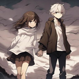 A brown light-skinned manga girl holding hands with a white-skinned manga boy on a stormy day