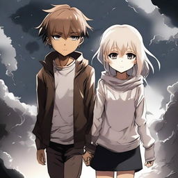 A brown light-skinned manga girl holding hands with a white-skinned manga boy on a stormy day